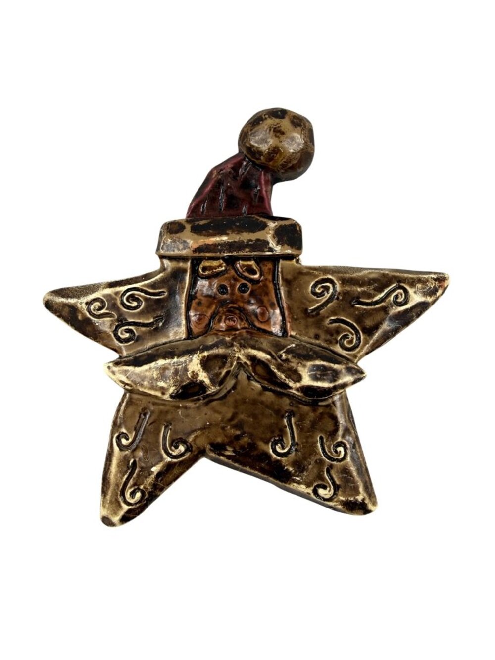 Ceramic Star-Shaped Santa Pin Brooch Rustic Old World Santa Back Pin Closure